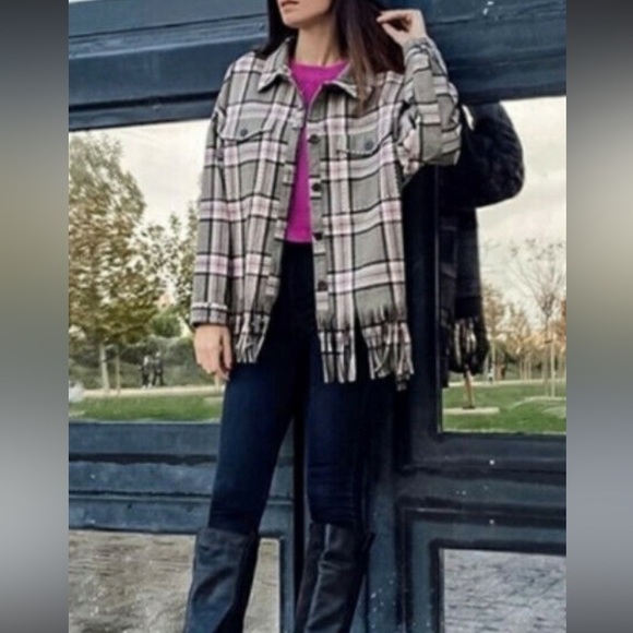 Zara Plaid Flannel Oversized Shacket with Fringe Hem and Studded Detailing - Picture 13 of 13